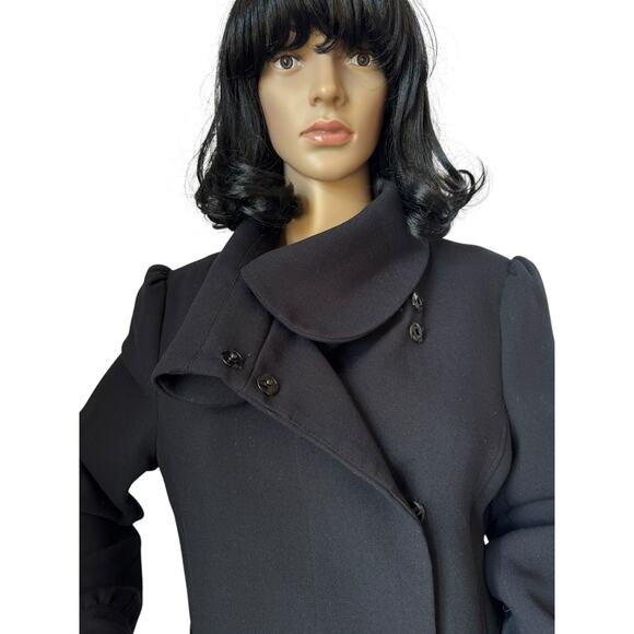 H&M Black dress coat rounded fold over collar with flower belt 12 - Picture 10 of 17